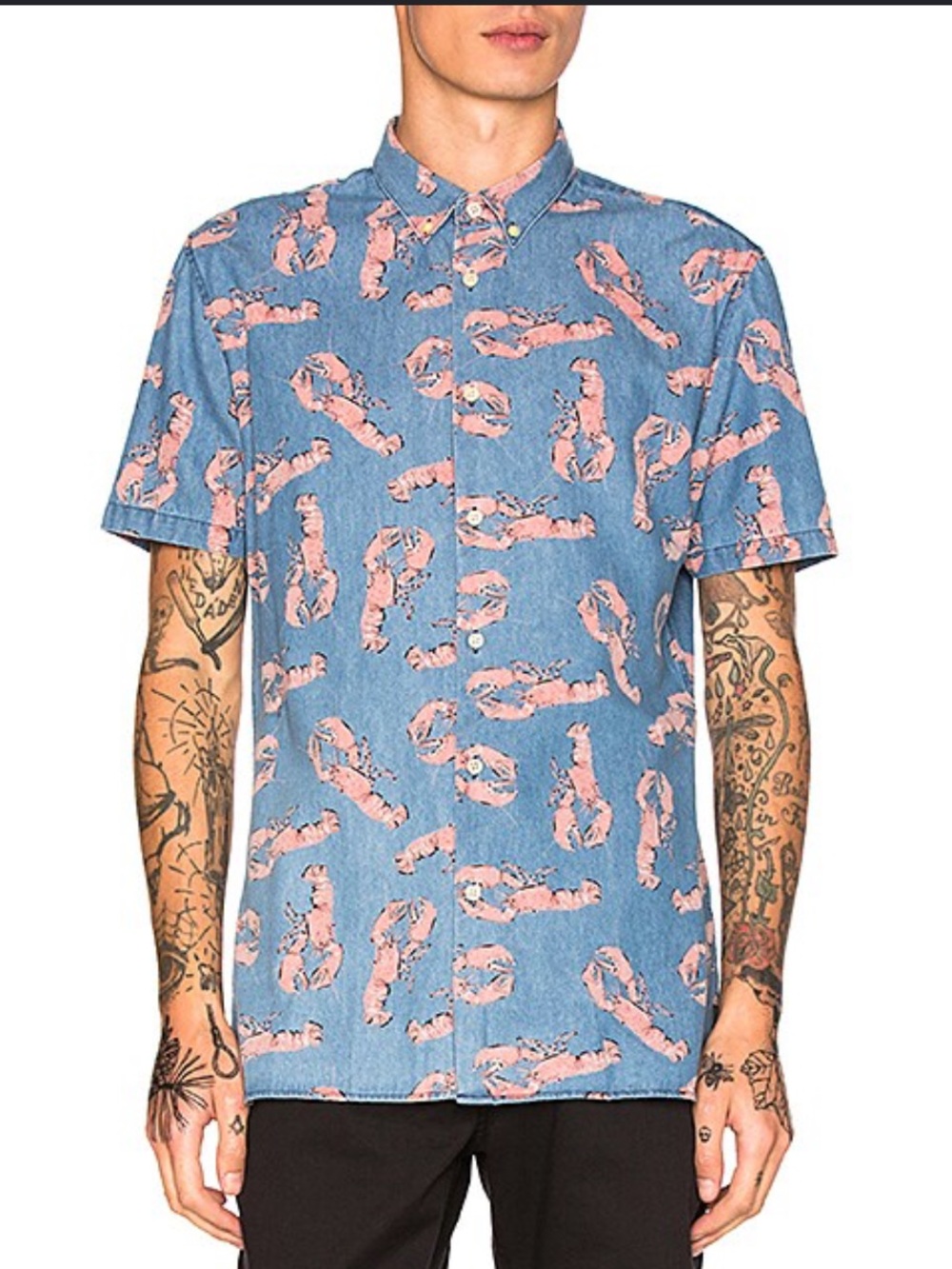 Barney Cools Denim Lobster M Blue Short-Sleeve Shirt with Pink Lobster Print